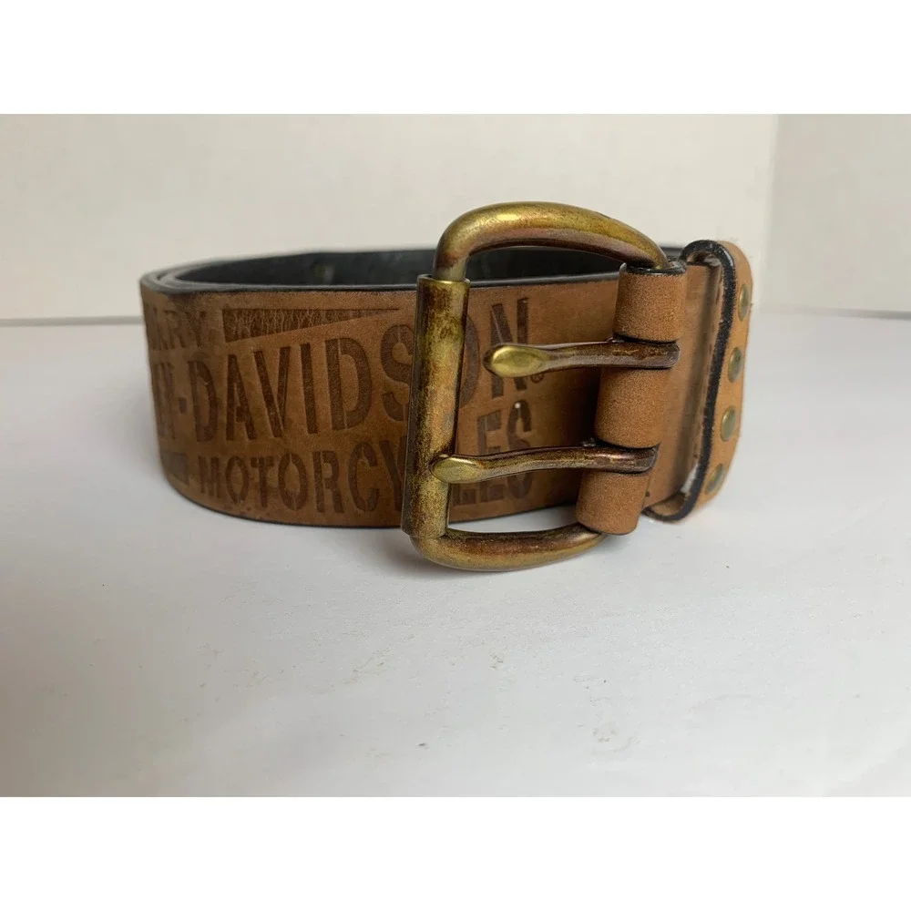 Harley-Davidson Mens Tan Leather Double Prong Biker Belt 97653-04V Size 30
